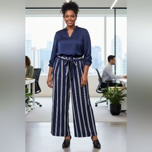 Guillaume Navy  & White Striped Wide-Leg Pants Sz XLarge Drawstring Waist